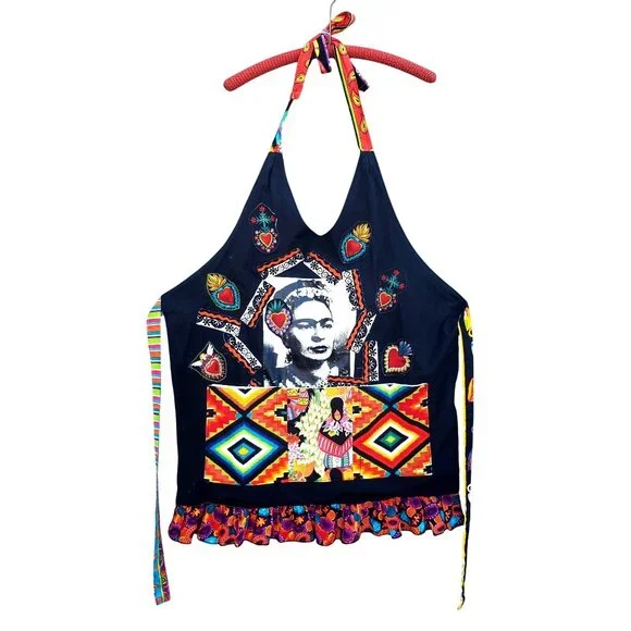 Frida Kahlo Bib Apron Colorful Handmade Black Cotton Plus Size XL Pockets - Picture 1 of 12